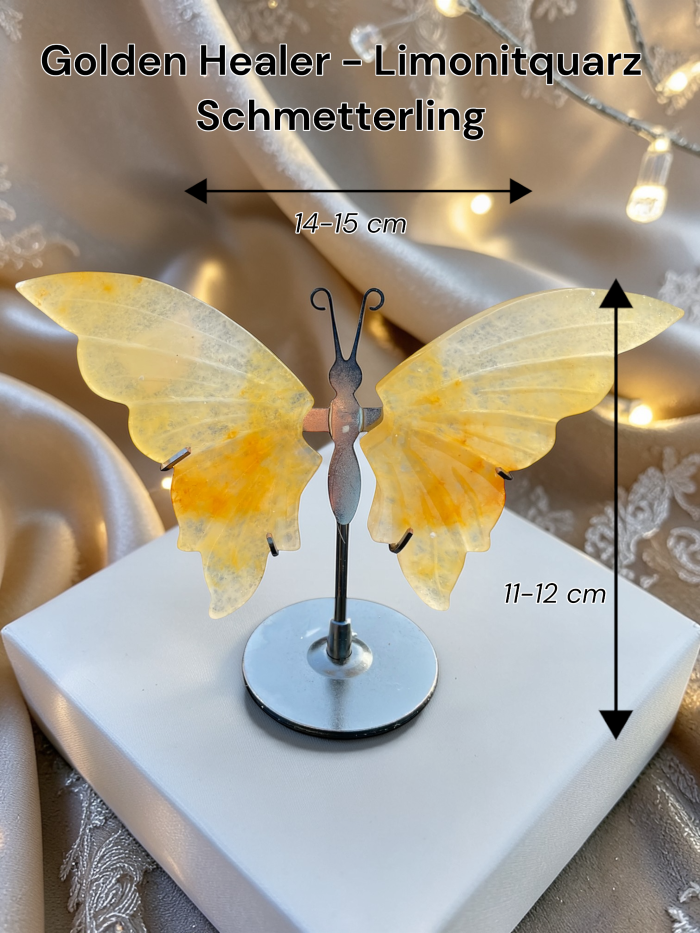 Limonitquarz Schmetterling mit Ständer – Edelstein Deko Figur 10x14 cm – handgefertigt & poliert – Naturstein aus Madagaskar – inkl. Geschenkbox