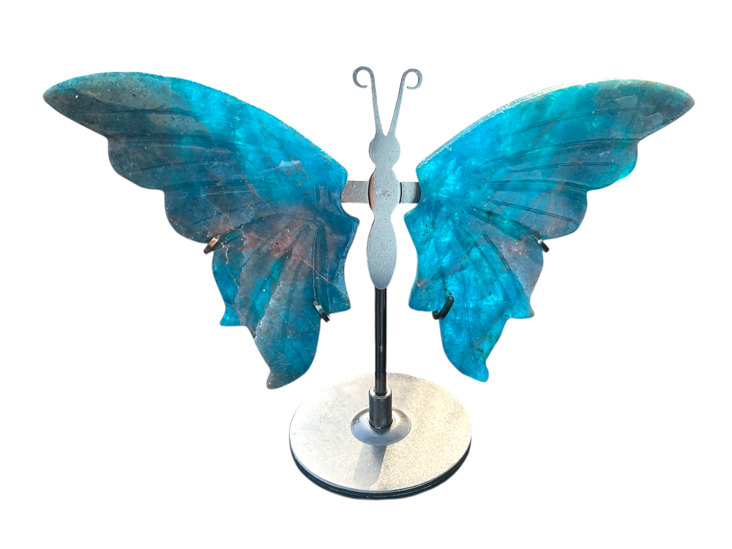 Apatit Schmetterling mit Ständer – Edelstein Deko Figur 10x14 cm – handgefertigt & poliert – Naturstein aus Madagaskar – inkl. Geschenkbox