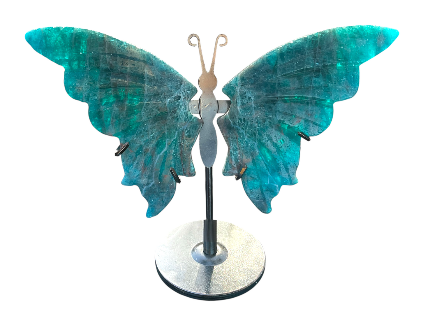 Apatit Schmetterling mit Ständer – Edelstein Deko Figur 10x14 cm – handgefertigt & poliert – Naturstein aus Madagaskar – inkl. Geschenkbox