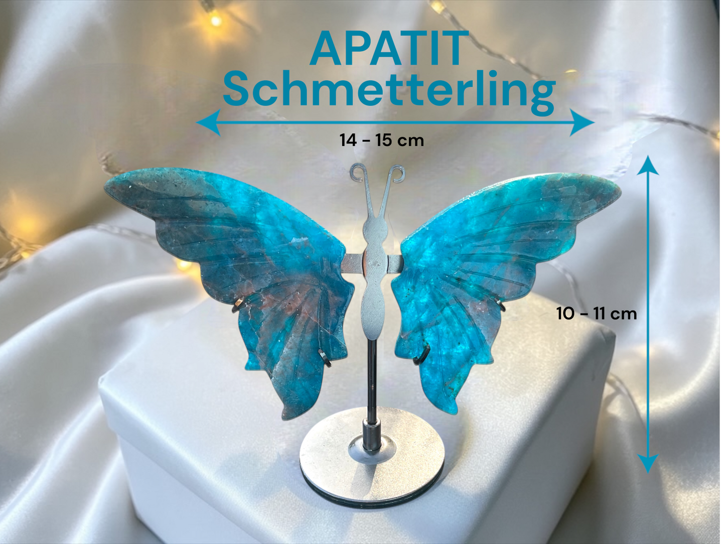 Apatit Schmetterling mit Ständer – Edelstein Deko Figur 10x14 cm – handgefertigt & poliert – Naturstein aus Madagaskar – inkl. Geschenkbox
