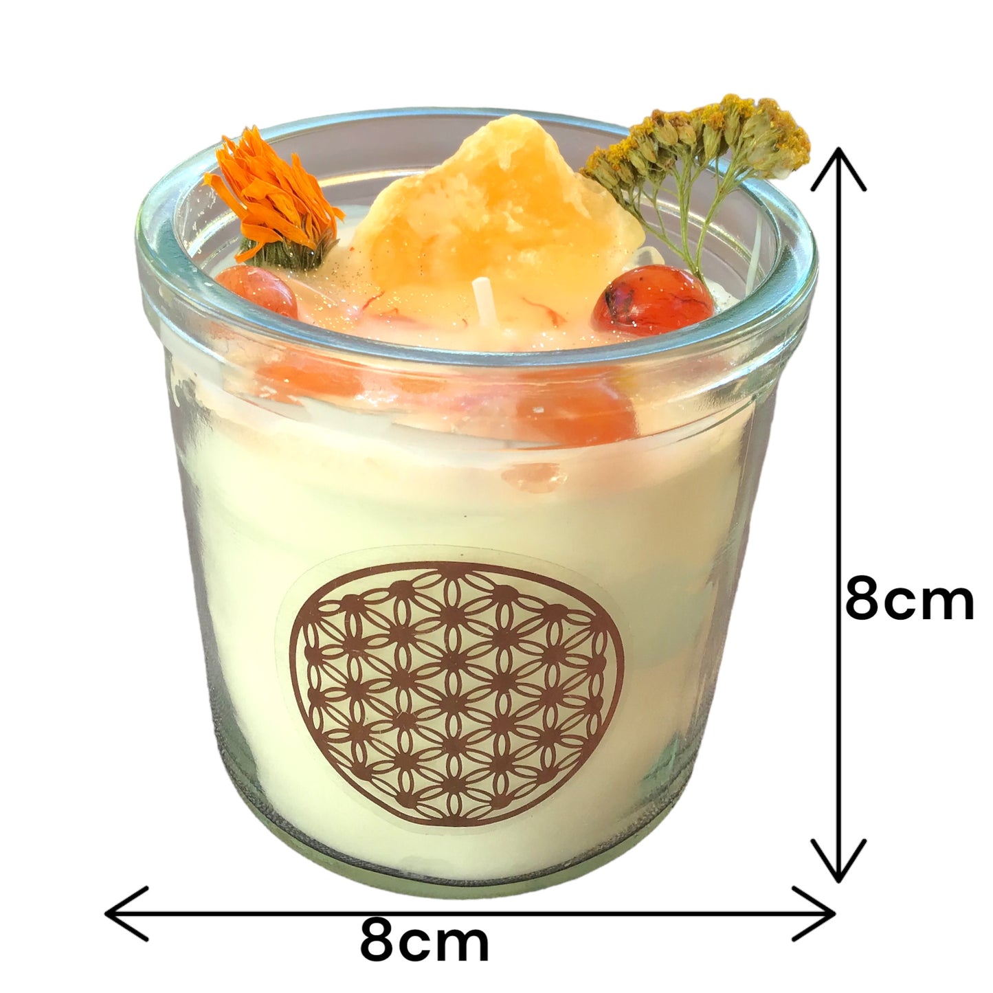 Große Edelsteinkerze "Energie" im Glas mit Anleitung | Duftkerze | Ritualkerze | Kristallkerze mit Blüten | Orangencalcit, Carneol, Bergkristall | Vanille