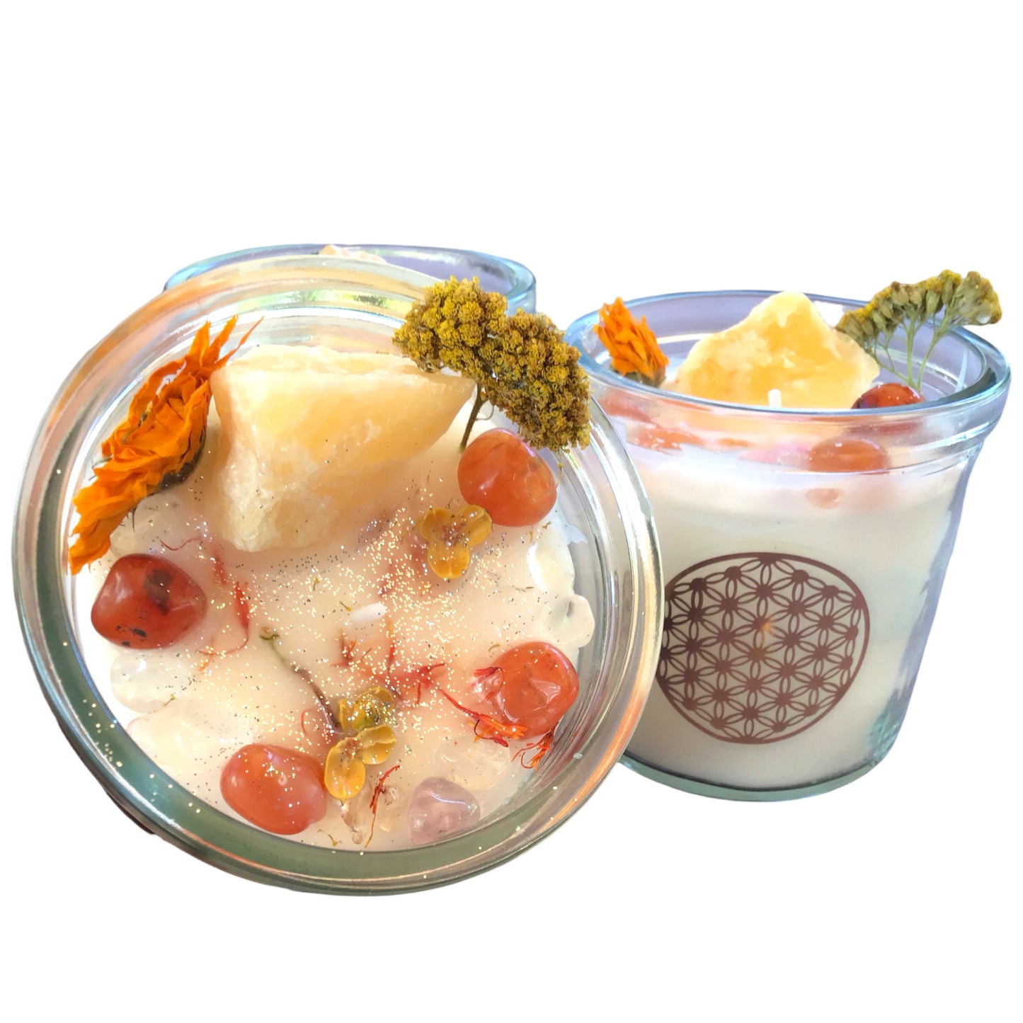Große Edelsteinkerze "Energie" im Glas mit Anleitung | Duftkerze | Ritualkerze | Kristallkerze mit Blüten | Orangencalcit, Carneol, Bergkristall | Vanille