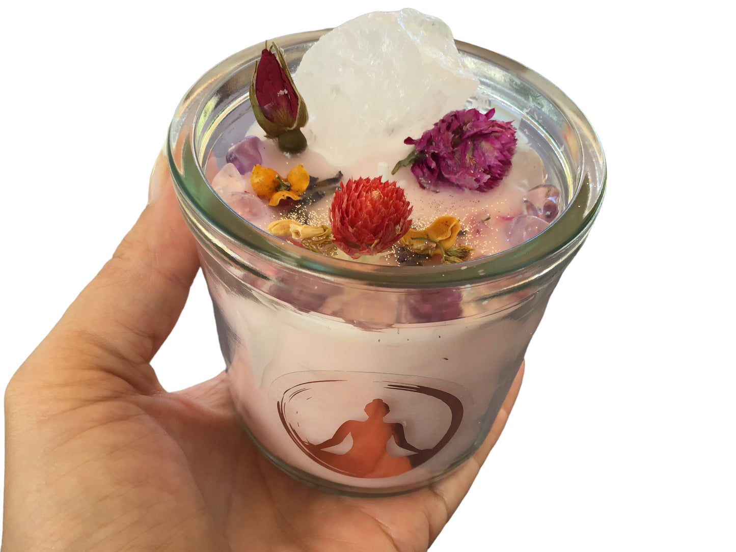 Große Edelsteinkerze "Meditation" im Glas mit Anleitung | Duftkerze | Ritualkerze | Kristallkerze mit Blüten | Amethyst, Rosenquarz, Bergkristall | Jasmin