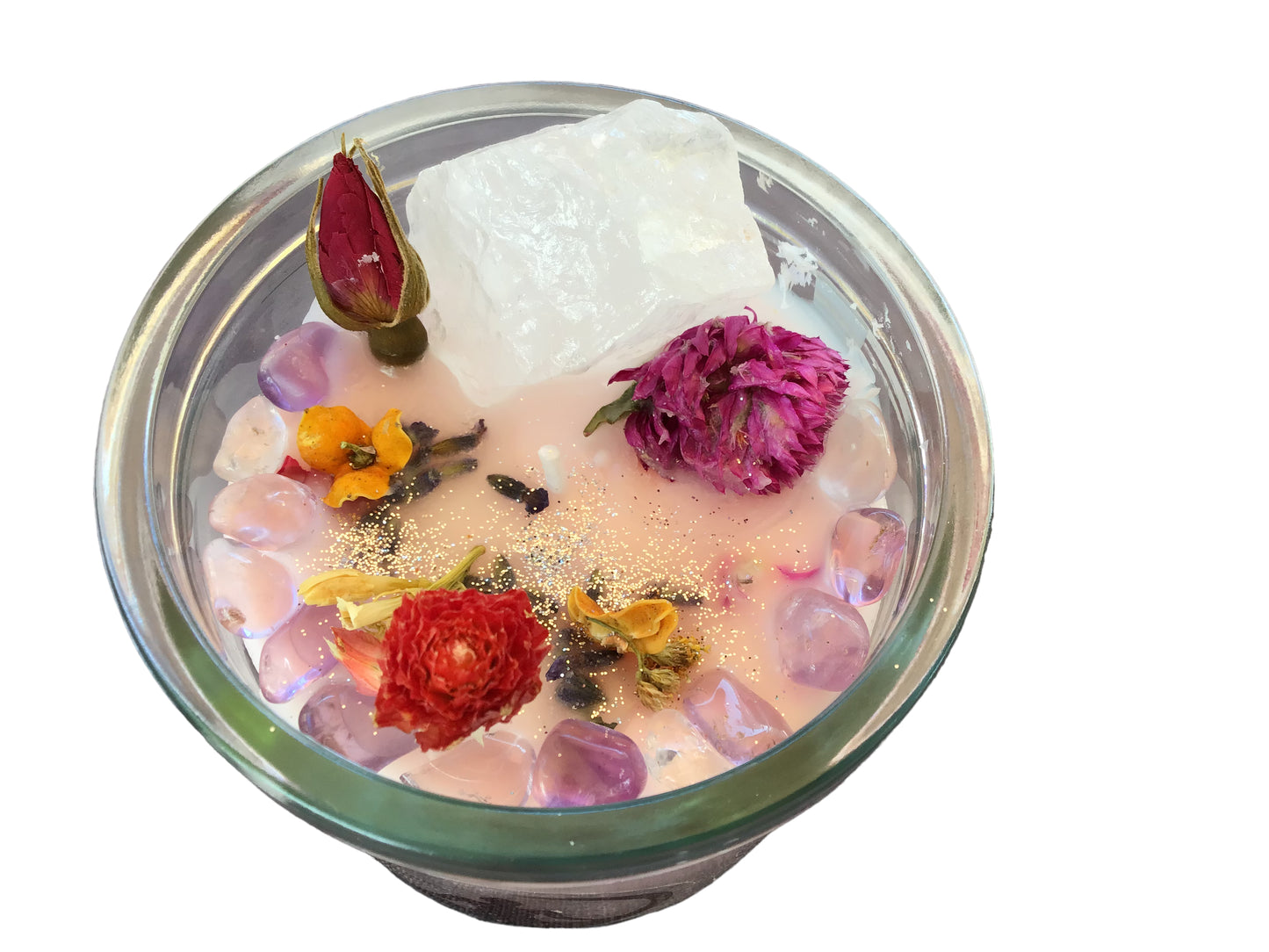 Große Edelsteinkerze "Meditation" im Glas mit Anleitung | Duftkerze | Ritualkerze | Kristallkerze mit Blüten | Amethyst, Rosenquarz, Bergkristall | Jasmin