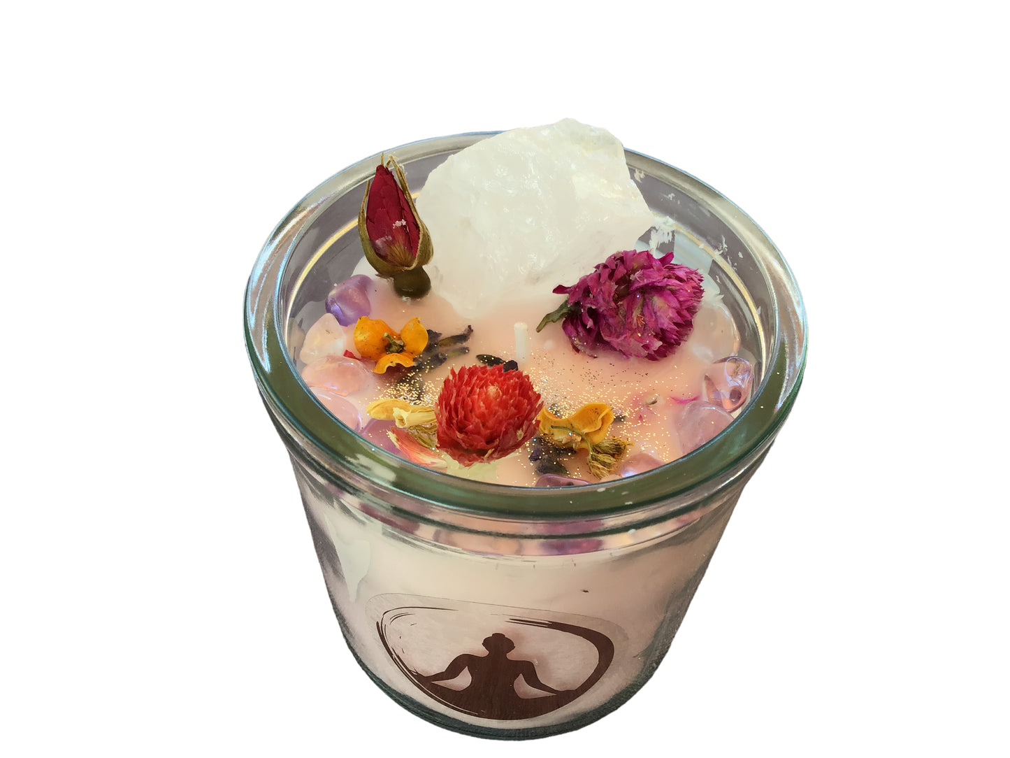 Große Edelsteinkerze "Meditation" im Glas mit Anleitung | Duftkerze | Ritualkerze | Kristallkerze mit Blüten | Amethyst, Rosenquarz, Bergkristall | Jasmin