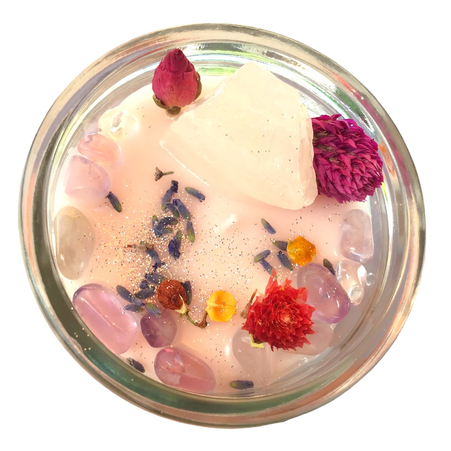 Große Edelsteinkerze "Meditation" im Glas mit Anleitung | Duftkerze | Ritualkerze | Kristallkerze mit Blüten | Amethyst, Rosenquarz, Bergkristall | Jasmin