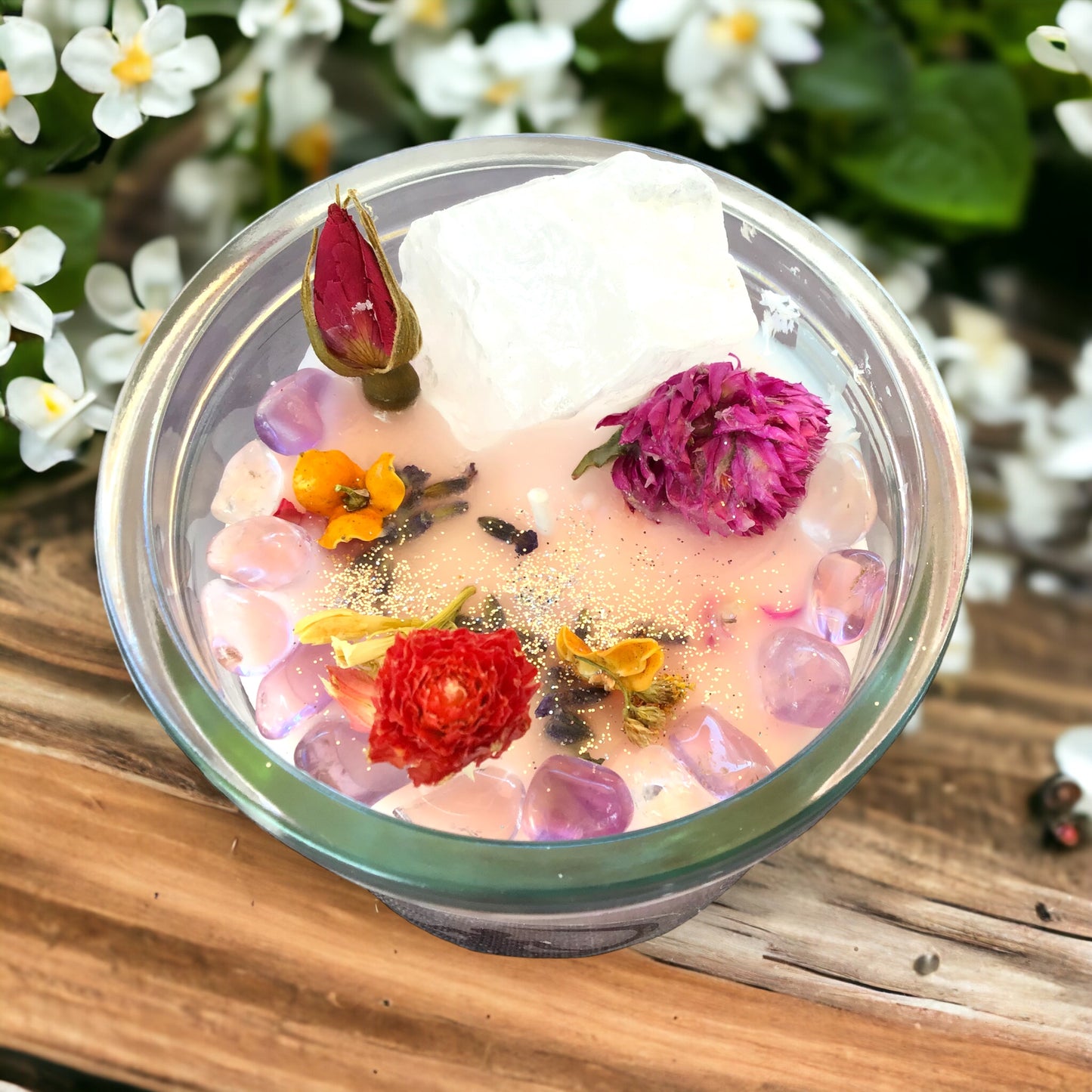 Große Edelsteinkerze "Meditation" im Glas mit Anleitung | Duftkerze | Ritualkerze | Kristallkerze mit Blüten | Amethyst, Rosenquarz, Bergkristall | Jasmin