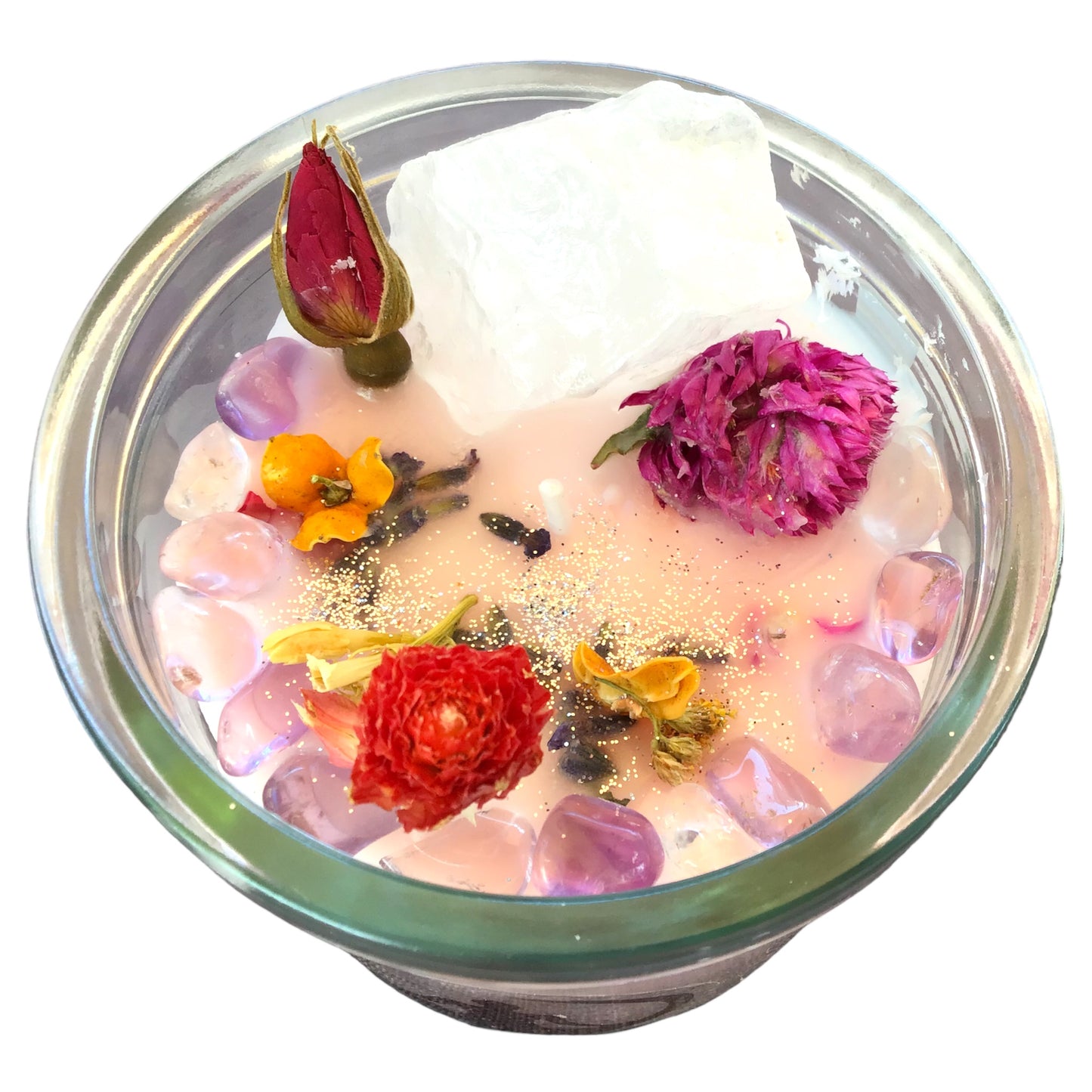 Große Edelsteinkerze "Meditation" im Glas mit Anleitung | Duftkerze | Ritualkerze | Kristallkerze mit Blüten | Amethyst, Rosenquarz, Bergkristall | Jasmin