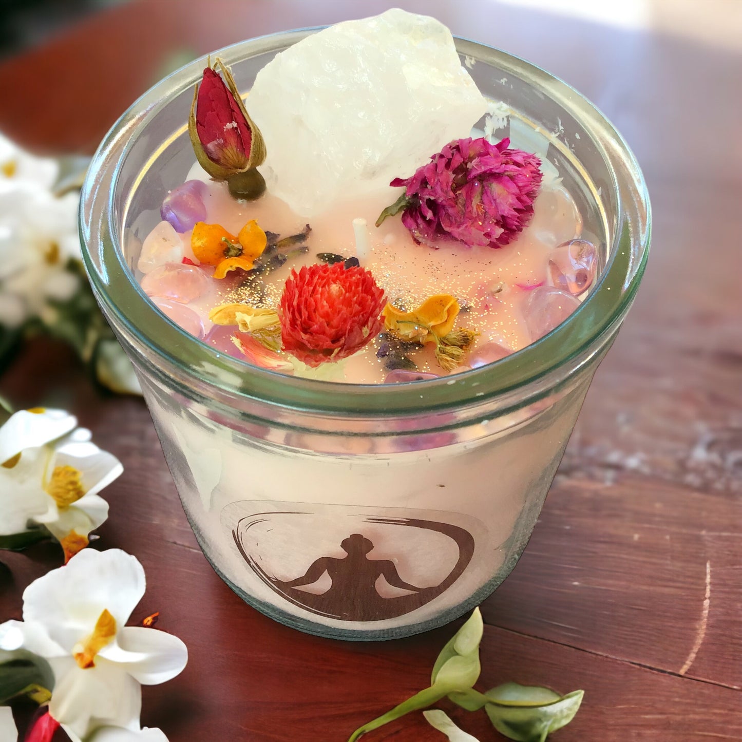 Große Edelsteinkerze "Meditation" im Glas mit Anleitung | Duftkerze | Ritualkerze | Kristallkerze mit Blüten | Amethyst, Rosenquarz, Bergkristall | Jasmin