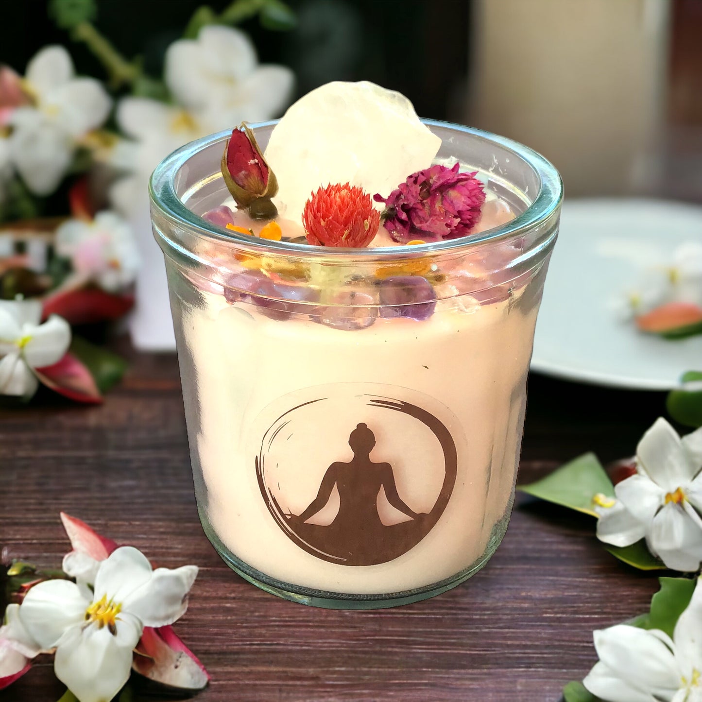 Große Edelsteinkerze "Meditation" im Glas mit Anleitung | Duftkerze | Ritualkerze | Kristallkerze mit Blüten | Amethyst, Rosenquarz, Bergkristall | Jasmin
