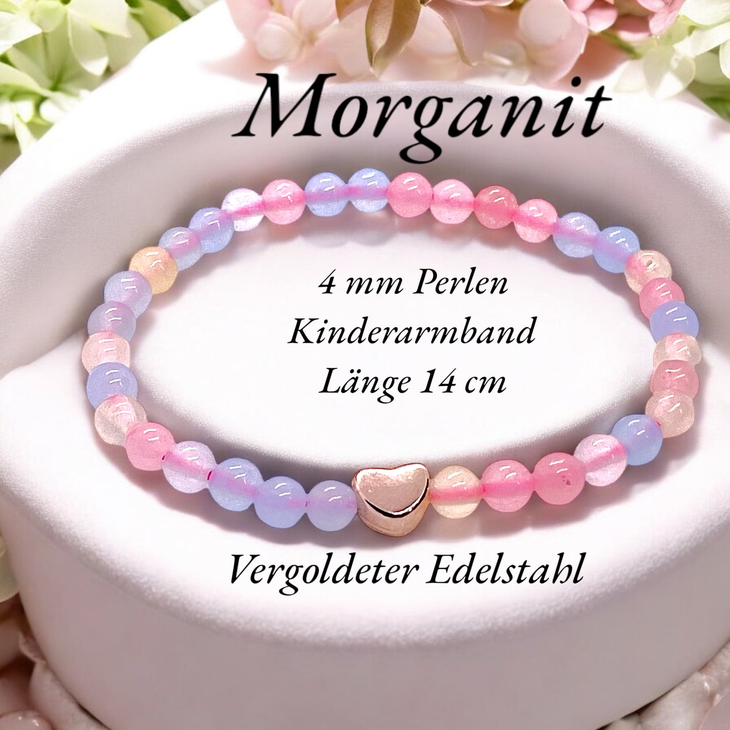 Kinder Perlenarmband Morganit mit 14 k rosèvergoldeten Elementen - Edelsteinarmband - Handmade - inclusive Geschenksäckchen - Engelsstein