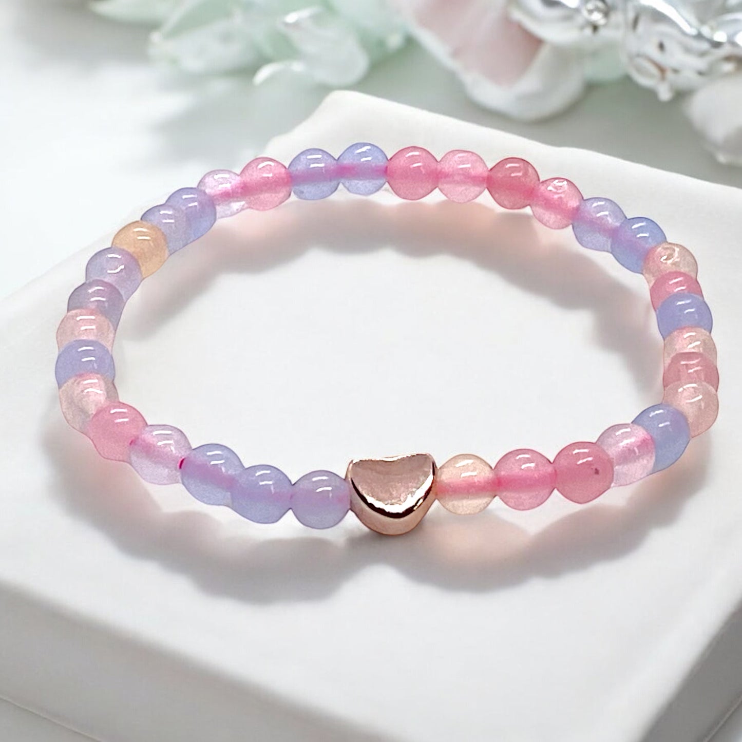 Kinder Perlenarmband Morganit mit 14 k rosèvergoldeten Elementen - Edelsteinarmband - Handmade - inclusive Geschenksäckchen - Engelsstein