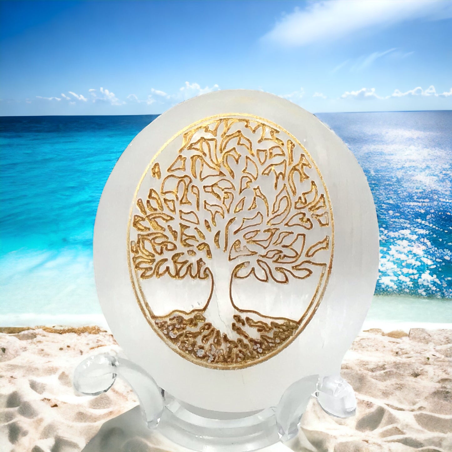 Steinfixx® Großer bauchiger Selenit Palmstein mit goldener Gravur Lebensbaum | 7x6x3 cm | 110 Gramm | Top Qualität | Ihren Lichtbringer immer dabei