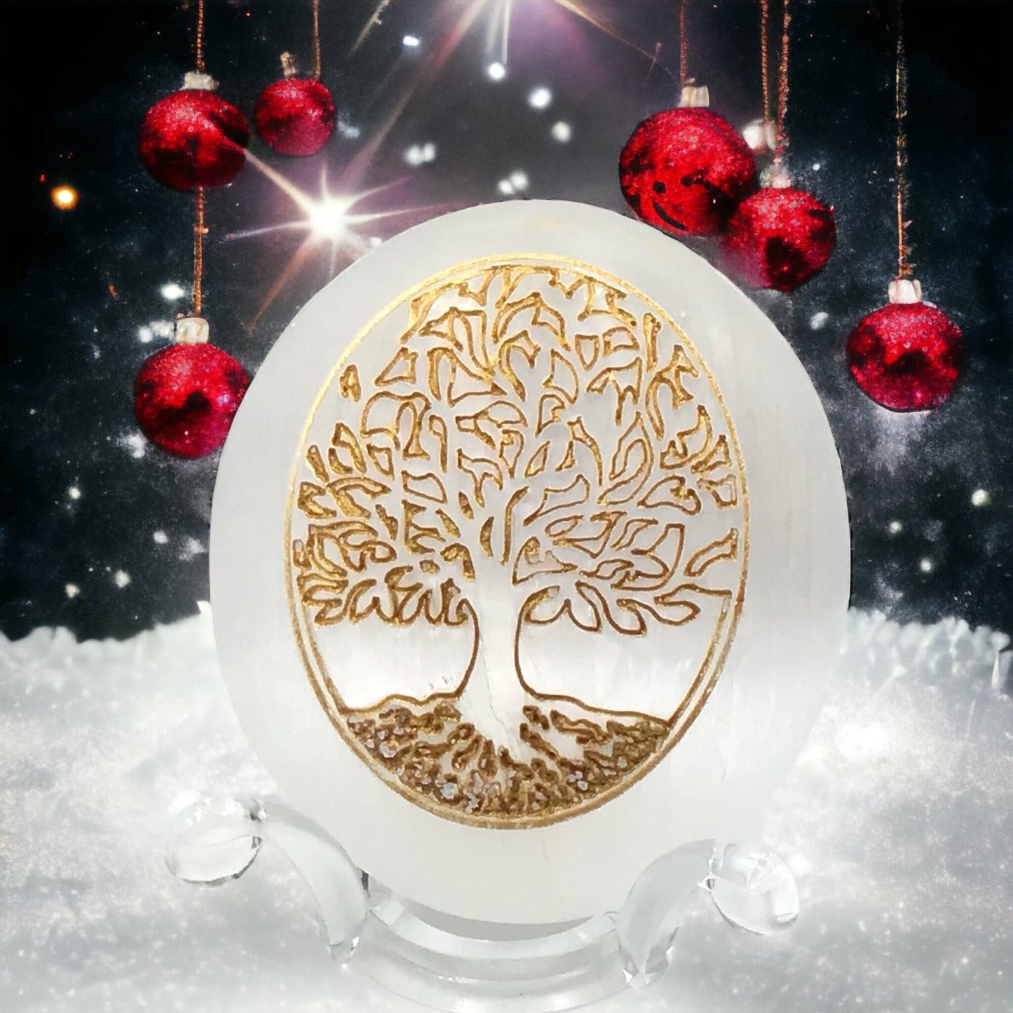 Steinfixx® Großer bauchiger Selenit Palmstein mit goldener Gravur Lebensbaum | 7x6x3 cm | 110 Gramm | Top Qualität | Ihren Lichtbringer immer dabei