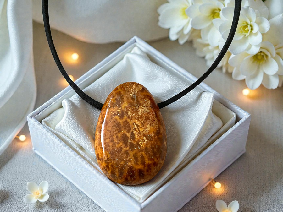 Fossile Koralle Anhänger Tropfen (Petoskey Stone) – Naturstein Kette mit 80 cm Band & Geschenkbox – Echter Fossilien Schmuck in AAA-Qualität aus USA – ca. 30x20 mm