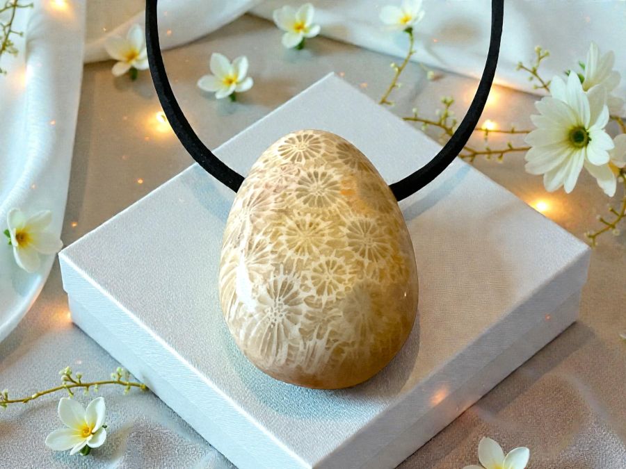 Fossile Koralle Anhänger Tropfen (Petoskey Stone) – Naturstein Kette mit 80 cm Band & Geschenkbox – Echter Fossilien Schmuck in AAA-Qualität aus USA – ca. 30x20 mm
