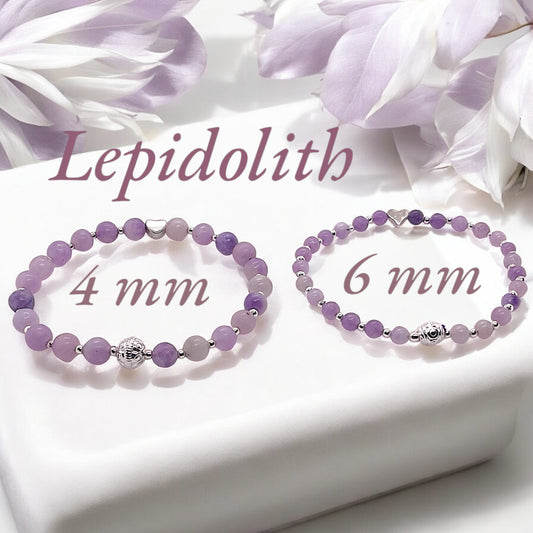 Steinfixx® Lepidolith  Edelstein Perlen Armband  - mit 925 versilberten Perlen und versilbertem Herzchen in Steinfixx Geschenkbox - Handmade