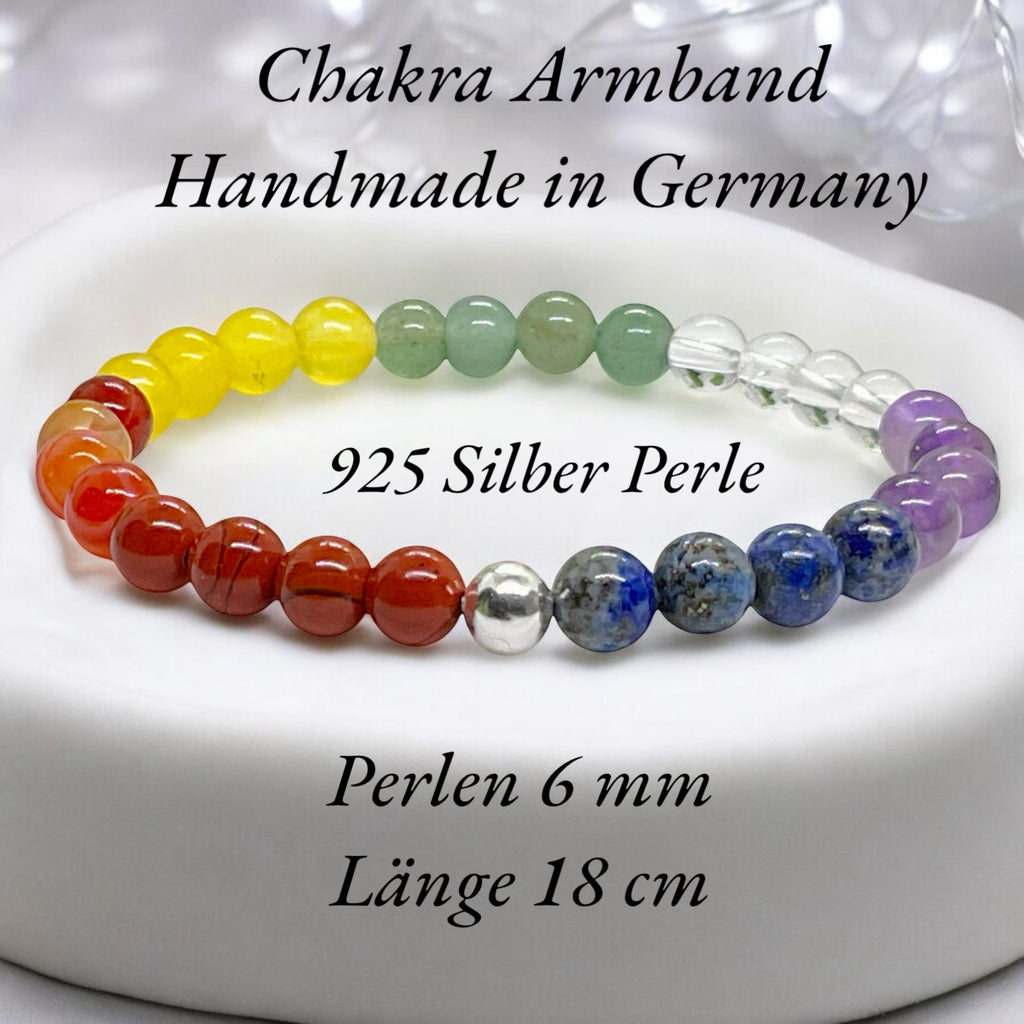 Perlenarmband Chakra 6 mm mit 925 Silberperle - Handmade - inclusive edler Geschenkbox - 7 Chakren aus echten Mineralien