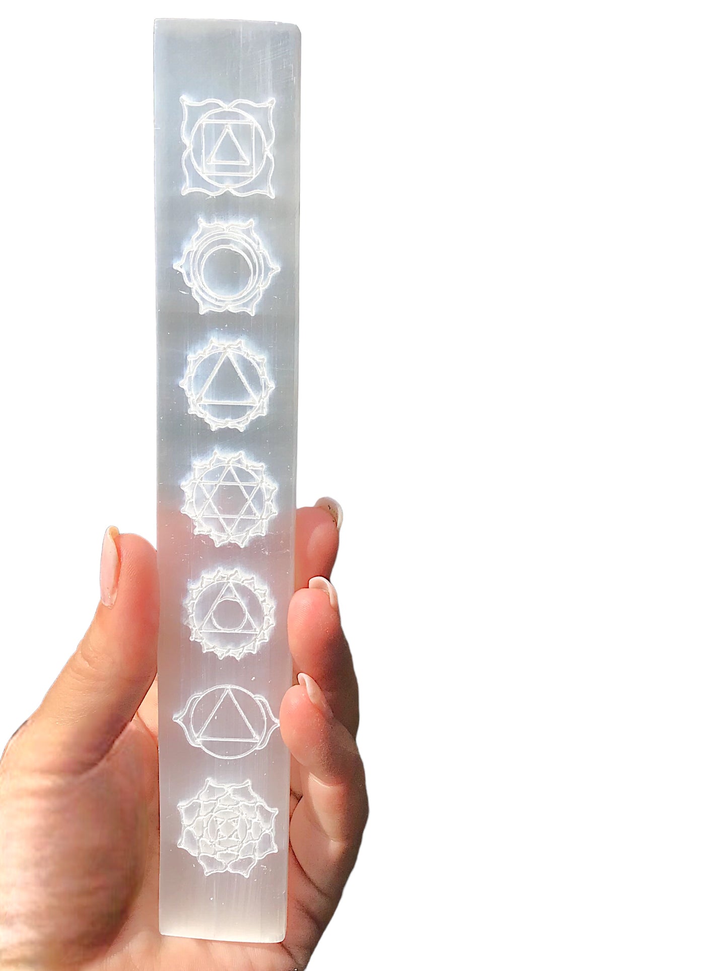 Steinfixx® Echte Selenit Ladeplatte | Lineal mit schönen gravierten Chakra Symbolen | 20 cm | Ideal zum Aufladen Ihrer Edelsteine | Dekoration | incl. Acrylständer