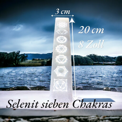 Steinfixx® Echte Selenit Ladeplatte | Lineal mit schönen gravierten Chakra Symbolen | 20 cm | Ideal zum Aufladen Ihrer Edelsteine | Dekoration | incl. Acrylständer