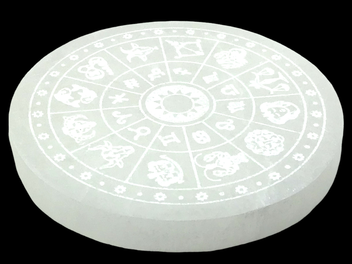Selenit Ladeplatte mit Sternzeichen Gravur "Astrologie" Ø 10,5 cm - 220 Gramm- mit kleinem Acrylständer