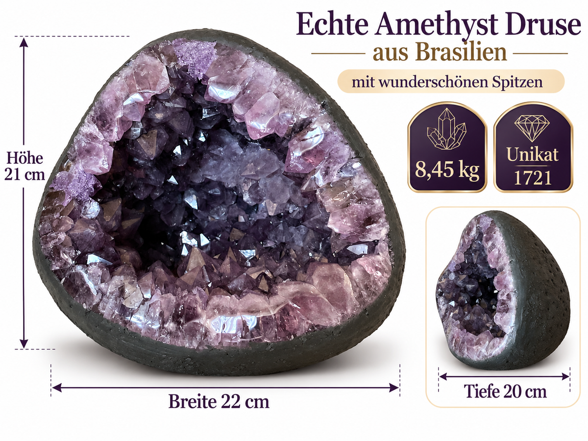 Amethyst Druse AAA-Qualität mit wunderschönen Kristallspitzen – 8,45 kg – 22 x 20 x 21 cm – Blickfang & Dekoration – Sammlerstück – Unikat Masterpiece 1721 – Brasilien