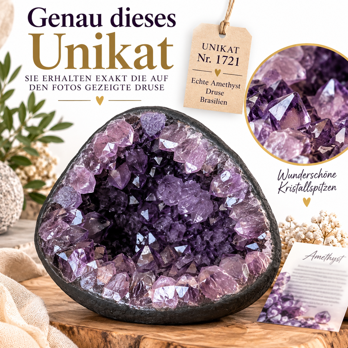 Amethyst Druse AAA-Qualität mit wunderschönen Kristallspitzen – 8,45 kg – 22 x 20 x 21 cm – Blickfang & Dekoration – Sammlerstück – Unikat Masterpiece 1721 – Brasilien