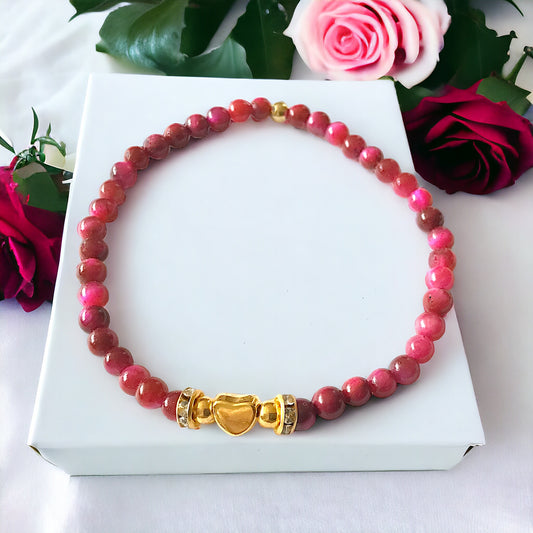 Steinfixx® - Rotes Tigerauge Perlenarmband handgemacht mit vergoldeten Perlen, Trennern und Herzchen  - STARKER SCHUTZSTEIN - in Geschenkbox - Hochwertiges Edelsteinarmband Handmade