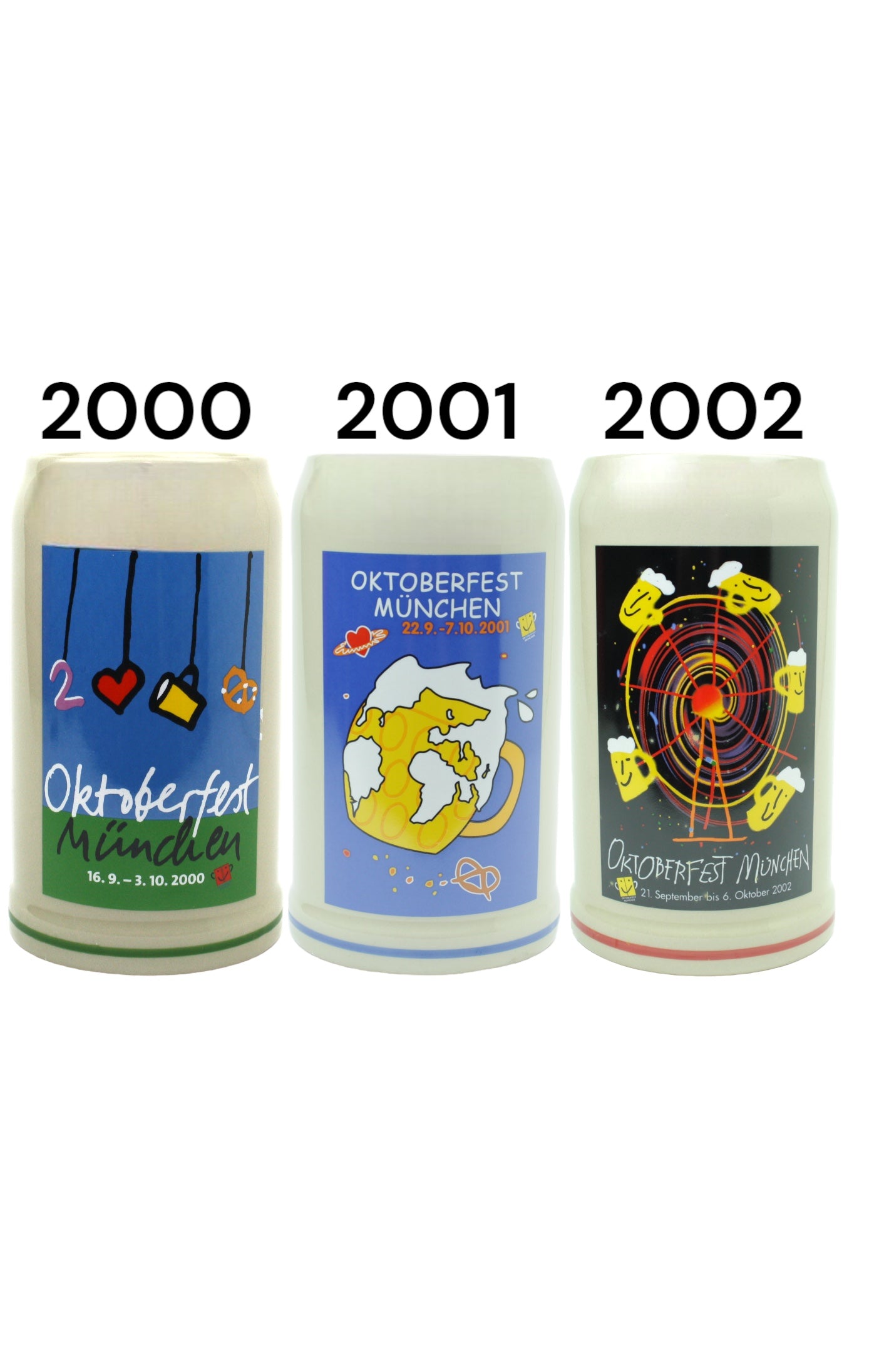 Steinfixx® - SALE -  Set 3 Stück original Oktoberfestkrüge der Jahre 2000, 2001 und 2002 I Jahrgangskrug I Jahreskrug I Wiesnkrug I Konvolut
