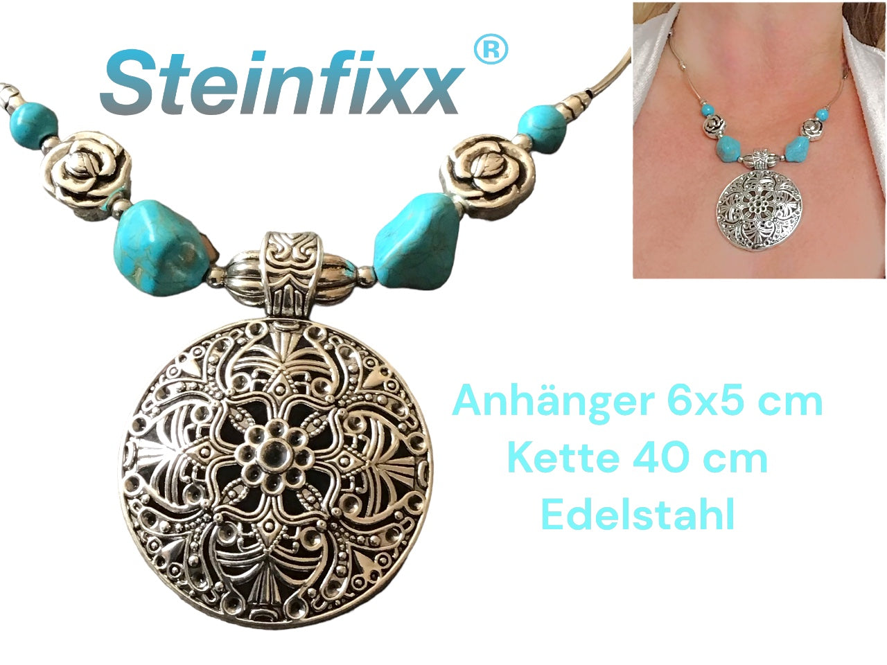 Mächtige Kette Vintage mit Türkenit  | Trachtenschmuck | Edelstahl versilbert | Ihre Energie immer dabei