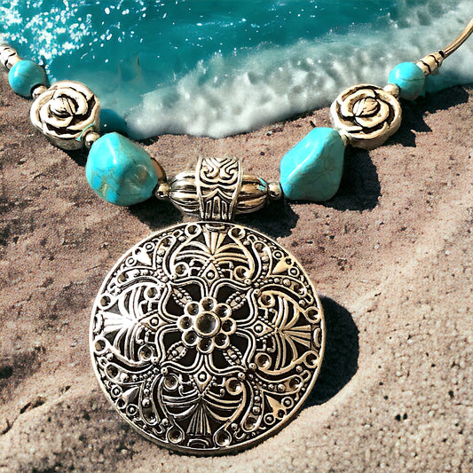 Mächtige Kette Vintage mit Türkenit  | Trachtenschmuck | Edelstahl versilbert | Ihre Energie immer dabei