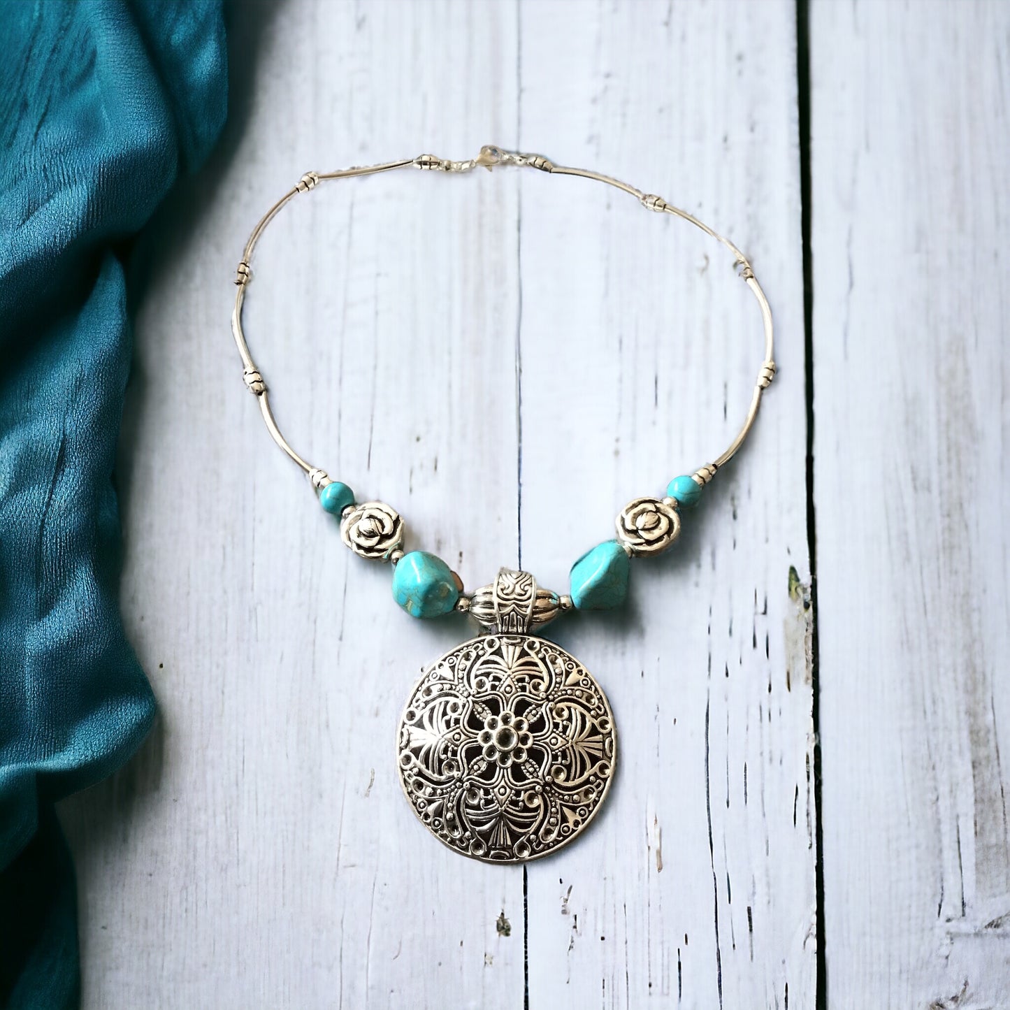 Mächtige Kette Vintage mit Türkenit  | Trachtenschmuck | Edelstahl versilbert | Ihre Energie immer dabei