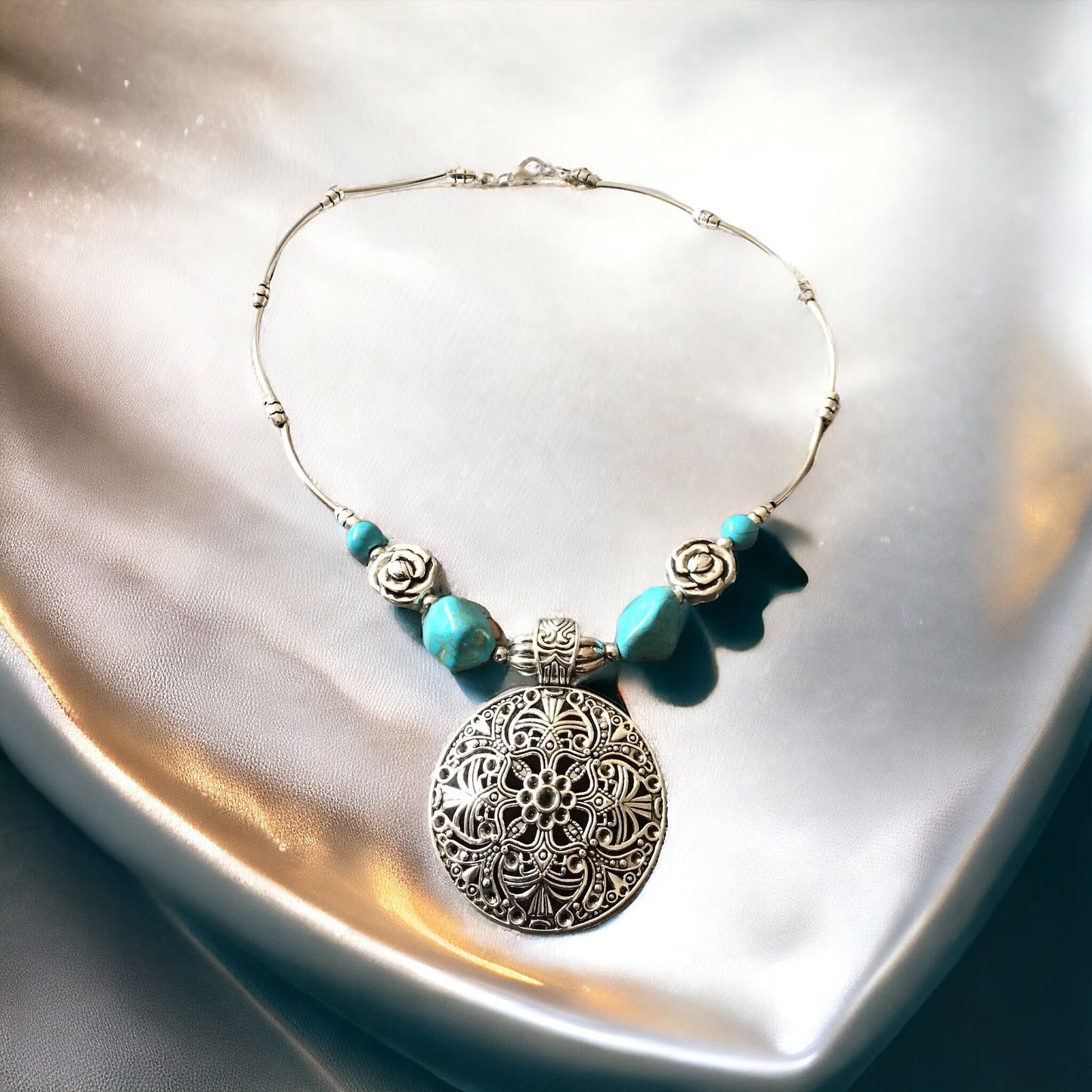 Mächtige Kette Vintage mit Türkenit  | Trachtenschmuck | Edelstahl versilbert | Ihre Energie immer dabei