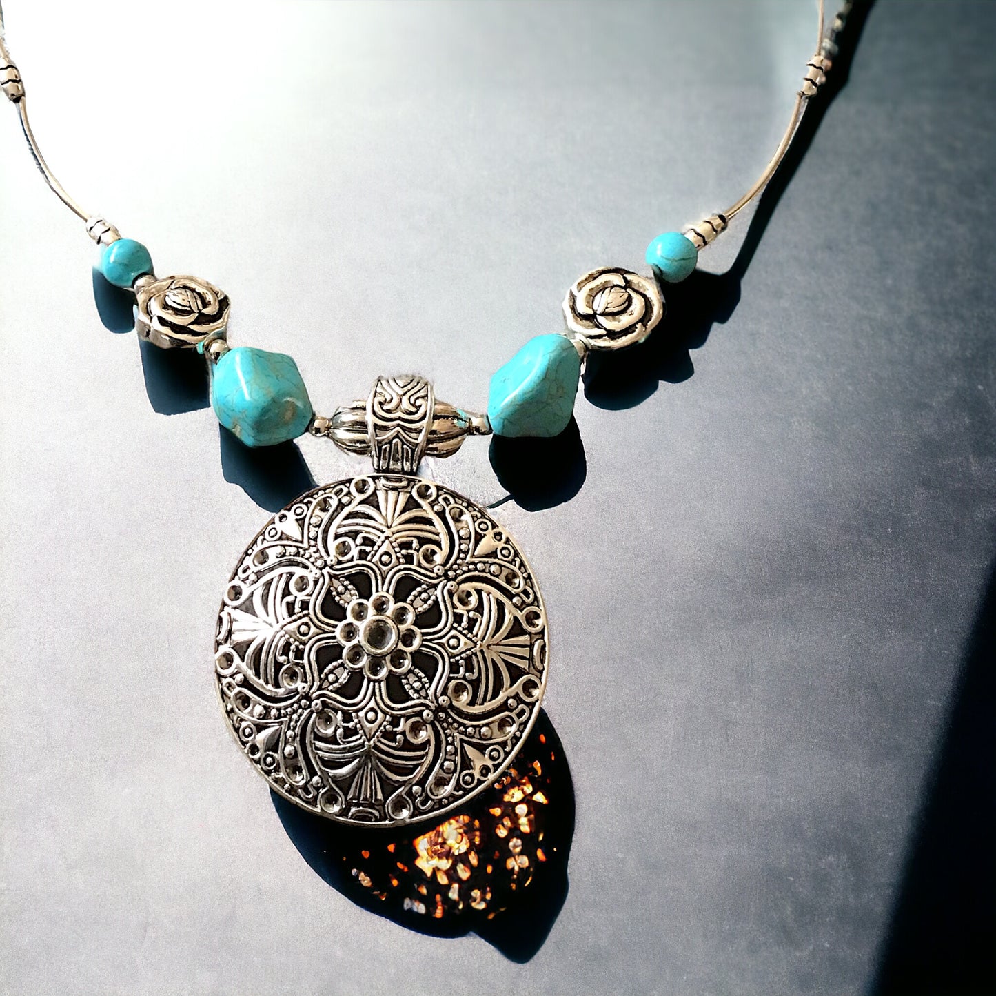 Mächtige Kette Vintage mit Türkenit  | Trachtenschmuck | Edelstahl versilbert | Ihre Energie immer dabei