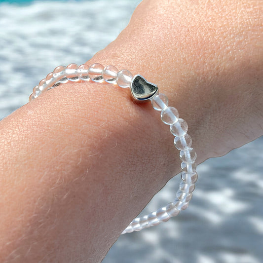 Bergkristall Edelstein Perlen Armband  *HEILUNG*  - mit 925 Silberperle und versilbertem Herzchen in Steinfixx Geschenkbox - Handmade