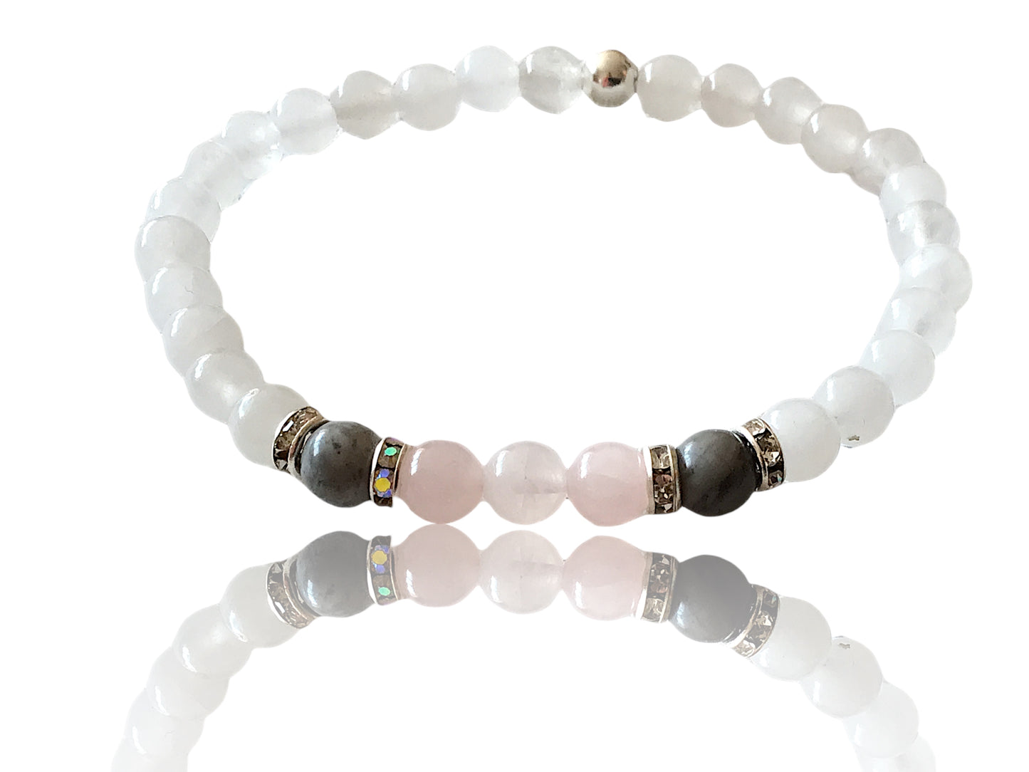 Steinfixx® - Fühl dich wohl Perlenarmband Handmade Weiße Jade, Rosenquarz und Picasso Marmor mit Silberelementen - Hochwertiges Edelsteinarmband L