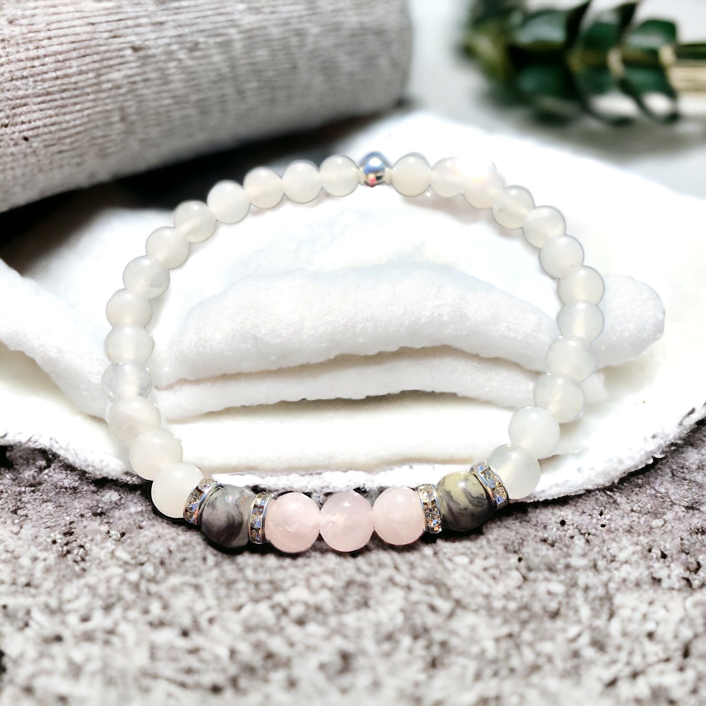Steinfixx® - Fühl dich wohl Perlenarmband Handmade Weiße Jade, Rosenquarz und Picasso Marmor mit Silberelementen - Hochwertiges Edelsteinarmband L