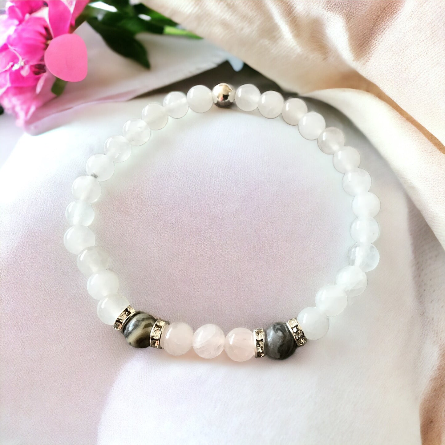 Steinfixx® - Fühl dich wohl Perlenarmband Handmade Weiße Jade, Rosenquarz und Picasso Marmor mit Silberelementen - Hochwertiges Edelsteinarmband L