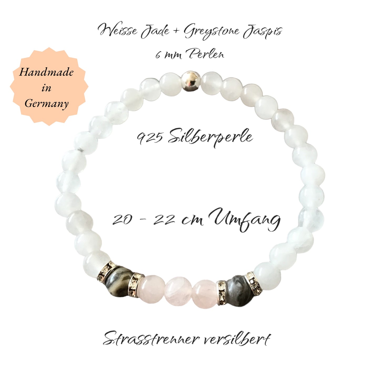 Steinfixx® - Fühl dich wohl Perlenarmband Handmade Weiße Jade, Rosenquarz und Picasso Marmor mit Silberelementen - Hochwertiges Edelsteinarmband L