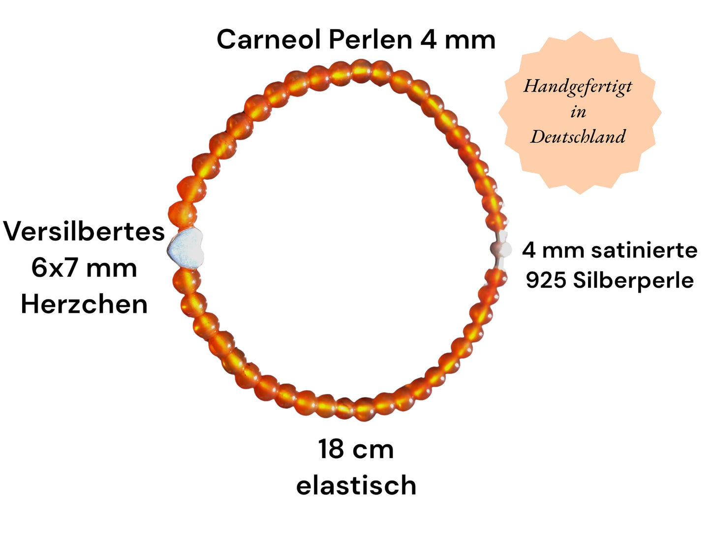 Steinfixx® - Carneol Perlenarmband handgemacht mit 925 Silber Perle und versilbertem Herzchen - KRAFTSTEIN - Hochwertiges Edelsteinarmband Armband für Damen & Herren