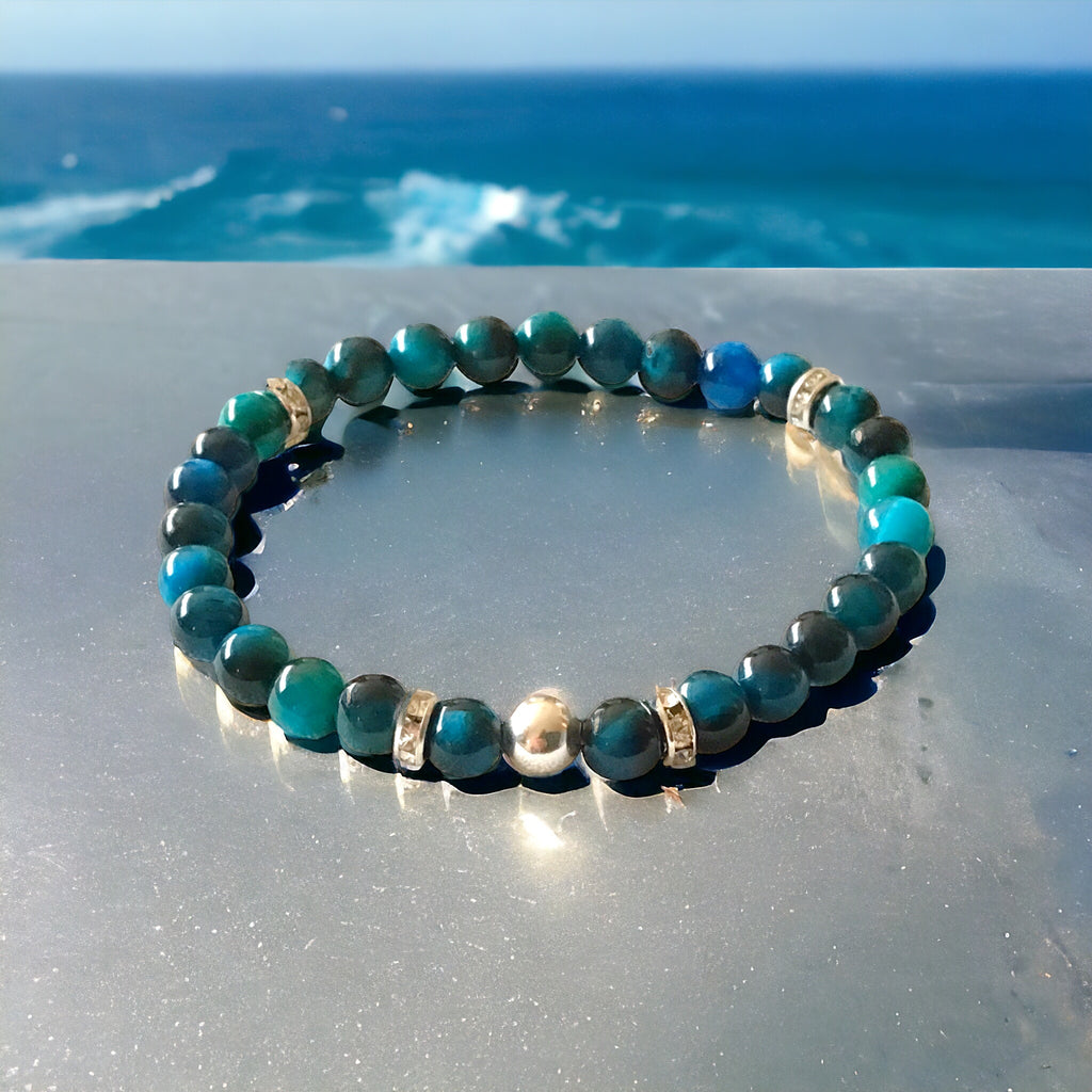 Steinfixx® - Blaues Tigerauge Perlenarmband handgemacht mit 925 Perle und versilberten Zirkoniatrennern - STARKER SCHUTZSTEIN - Hochwertiges Edelsteinarmband Handmade