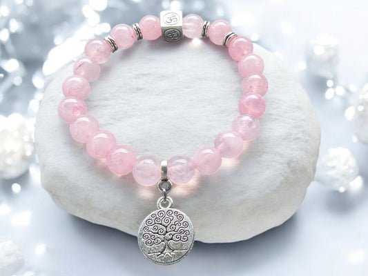 Edles Rosenquarz Perlenarmband 8mm mit Charm Lebensbaum- handgefertigt - incl. Geschenkbox