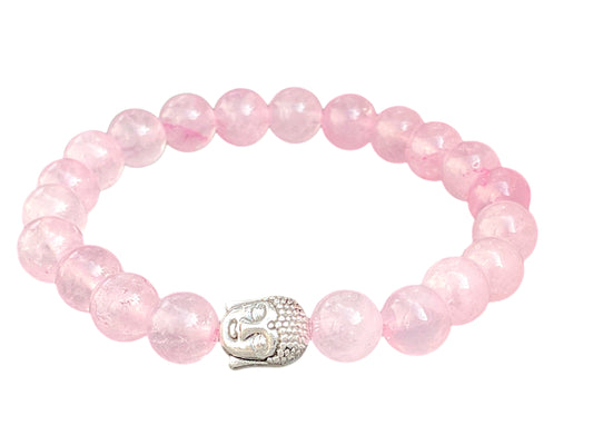 Echtes Rosenquarz Perlenarmband 8mm mit versilberter Edelstahl Buddha Perle - handgefertigt - Madagaskar