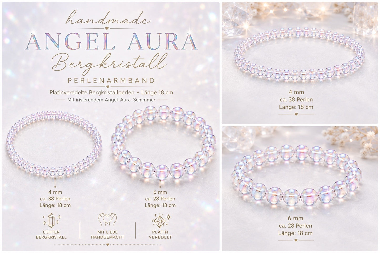 Angel Aura Perlenarmband – AAA-Qualität – 4 mm oder 6 mm Edelstein Perlen – Echter Bergkristall veredelt – 18 cm Armband für Damen & Herren