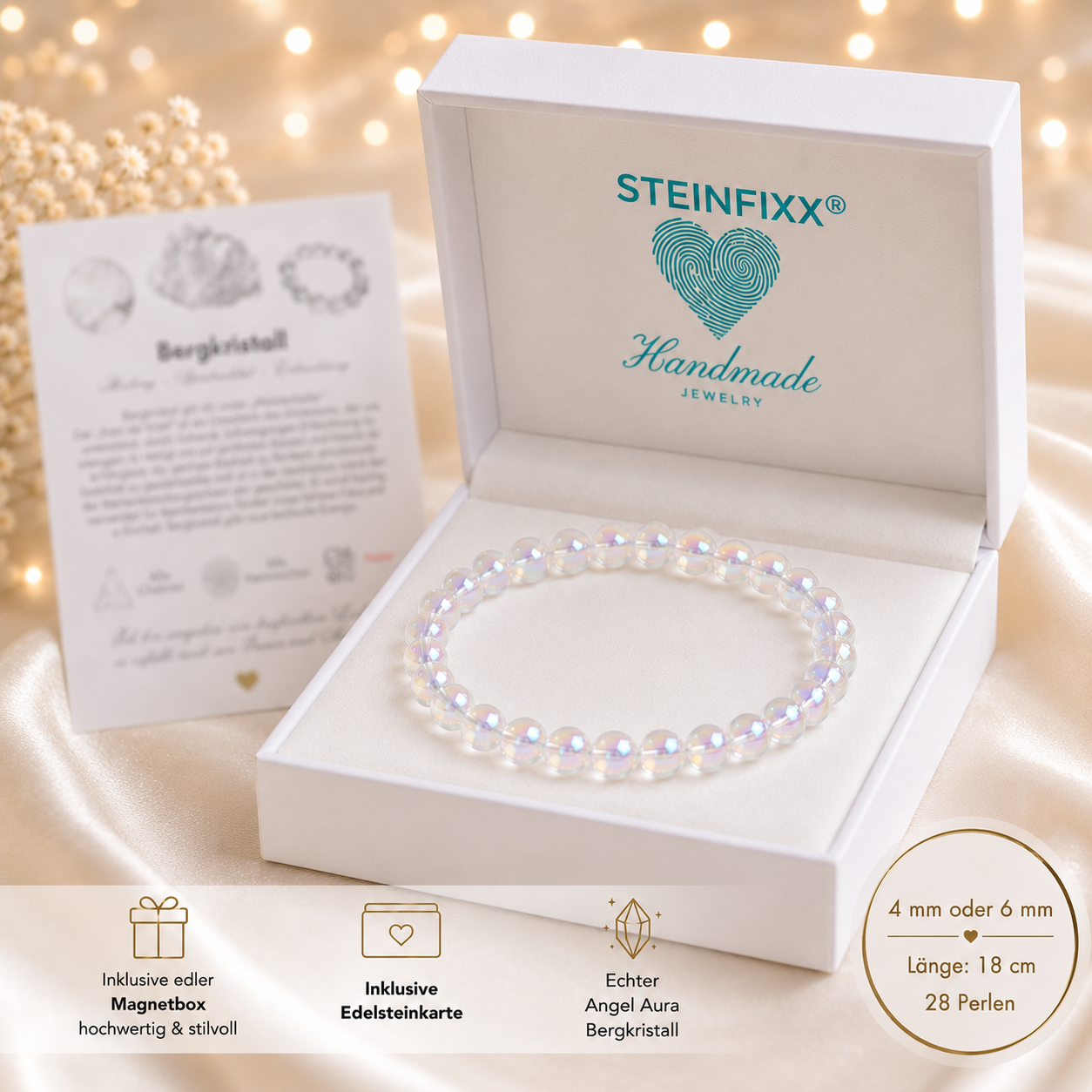 Angel Aura Perlenarmband – AAA-Qualität – 4 mm oder 6 mm Edelstein Perlen – Echter Bergkristall veredelt – 18 cm Armband für Damen & Herren