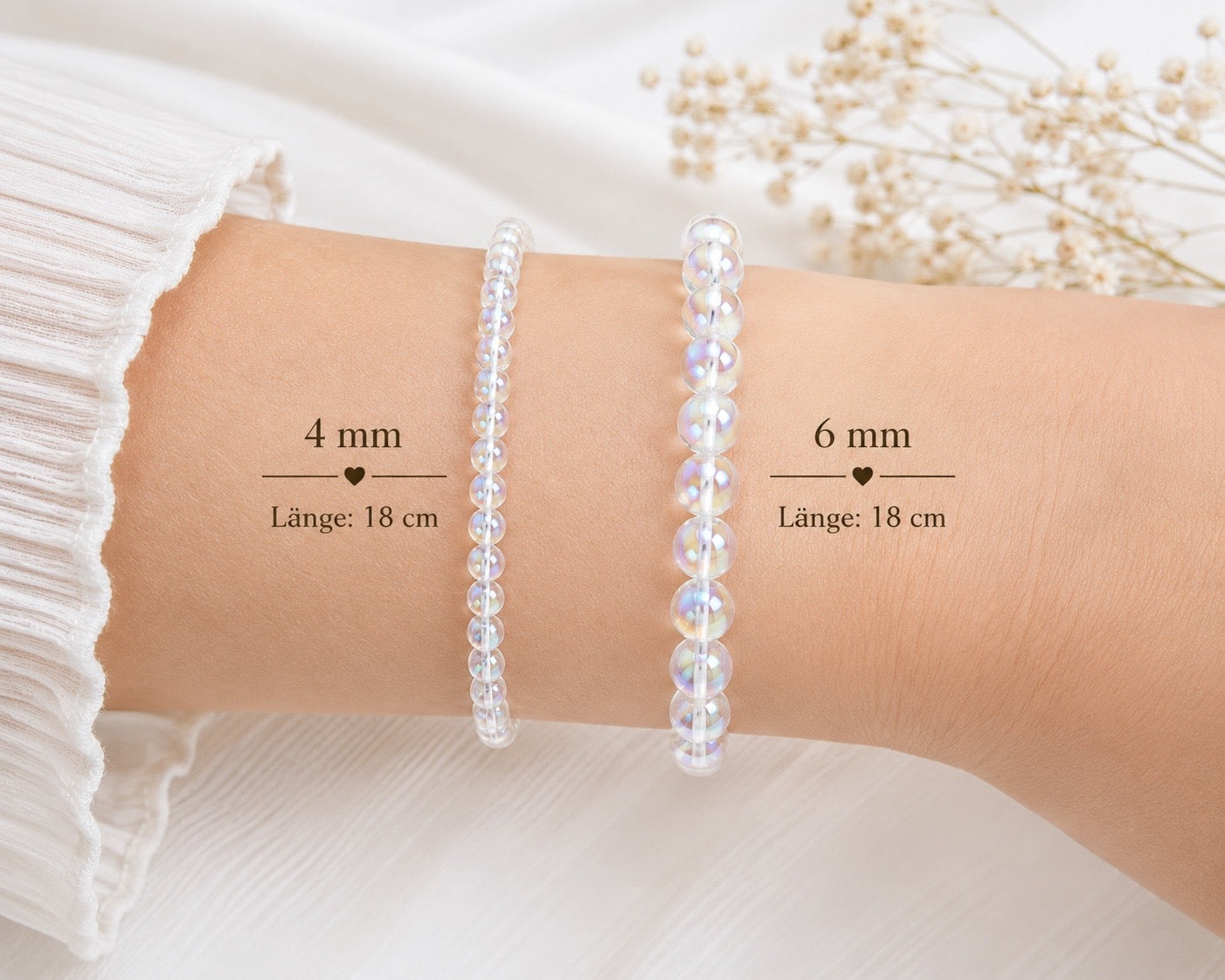 Angel Aura Perlenarmband – AAA-Qualität – 4 mm oder 6 mm Edelstein Perlen – Echter Bergkristall veredelt – 18 cm Armband für Damen & Herren