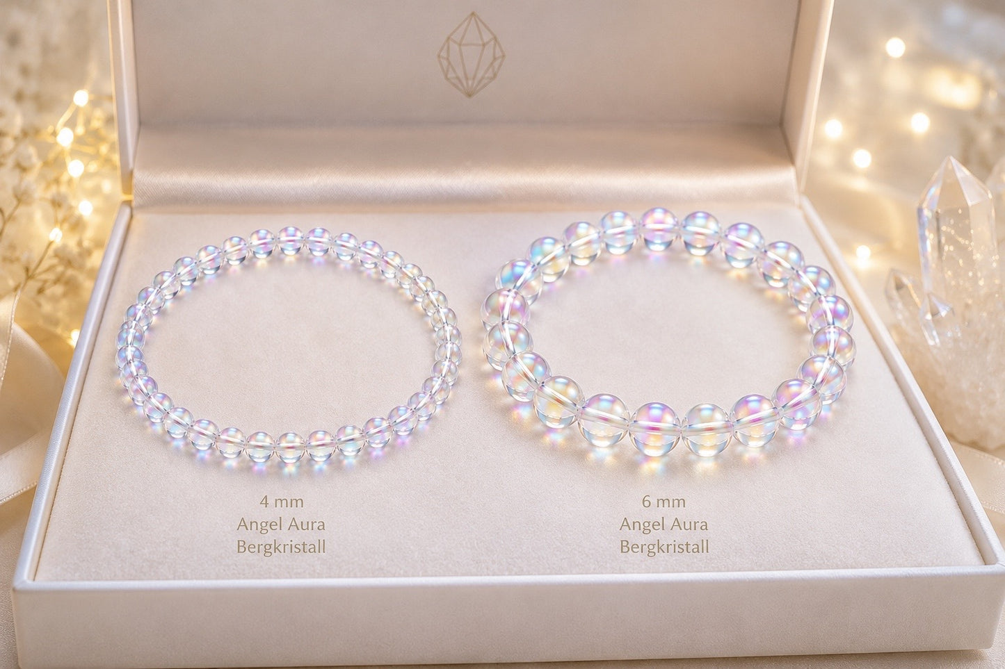 Angel Aura Perlenarmband – AAA-Qualität – 4 mm oder 6 mm Edelstein Perlen – Echter Bergkristall veredelt – 18 cm Armband für Damen & Herren