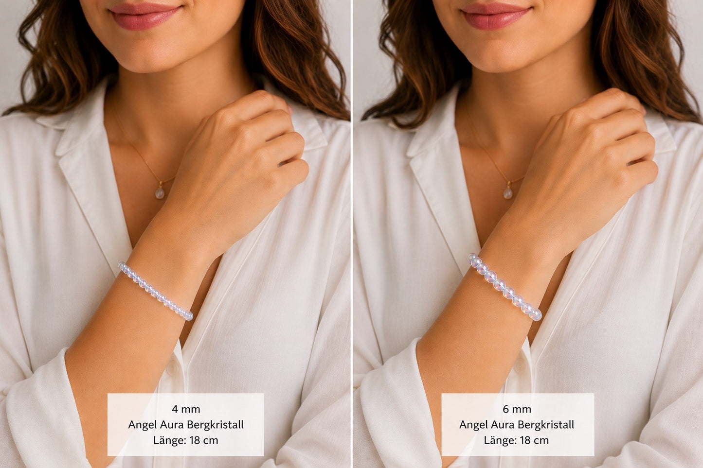 Angel Aura Perlenarmband – AAA-Qualität – 4 mm oder 6 mm Edelstein Perlen – Echter Bergkristall veredelt – 18 cm Armband für Damen & Herren