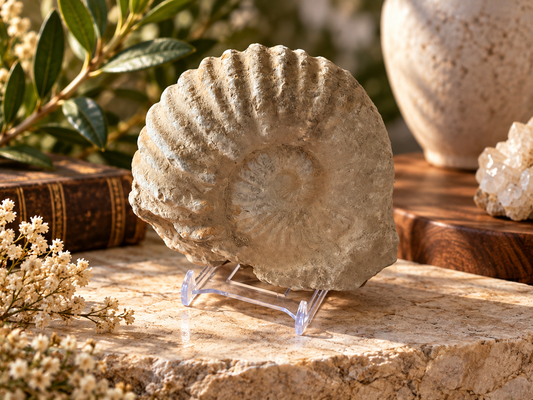 Ammonit Fossil aus Marokko – Echtes, unbehandeltes Urzeit-Fossil – 614 g – 11 x 10 x 6 cm – inkl. Acrylständer – Sammlerstück – Unikat-Masterpiece 1722