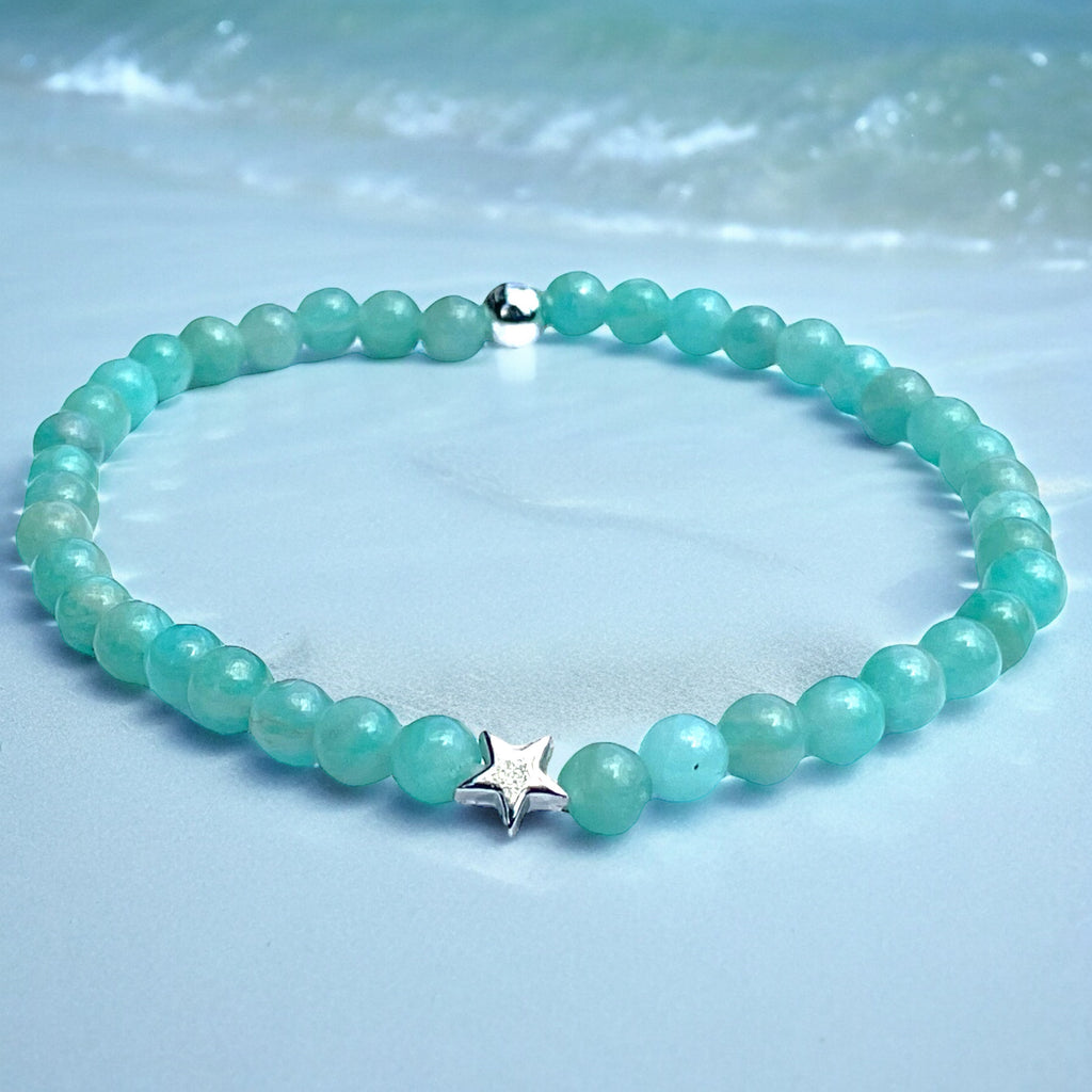 Steinfixx® Edelstein Perlenarmband Amazonit Ice mit 925 Silberperle und Herz oder Stern| Energieschmuck | in edler Geschenkbox | Handmade